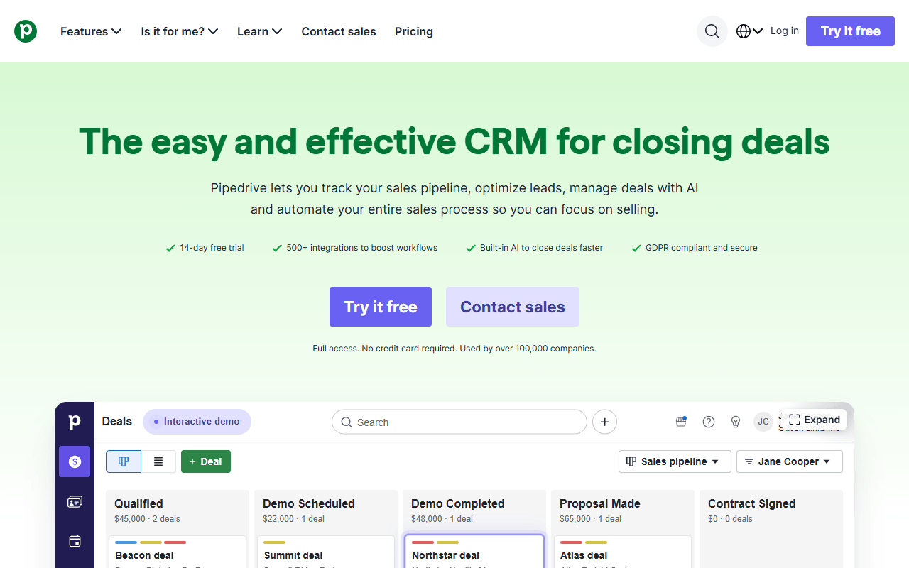 Pipedrive homepage